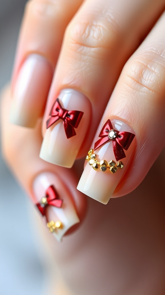 Close-up of classy Christmas bow nail art with red and gold accents on a neutral base.